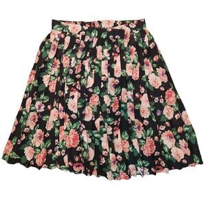 Vintage 90s Black Pink Floral Pleated Full Skirt L Romantic Cottage